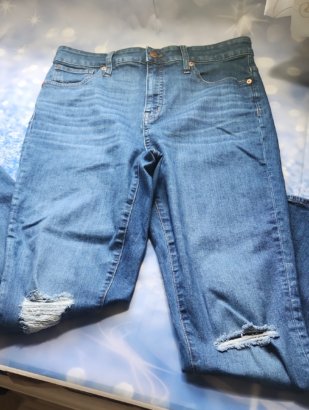 Madewell Blue Skinny Jeans with Distressed Knees In Tall